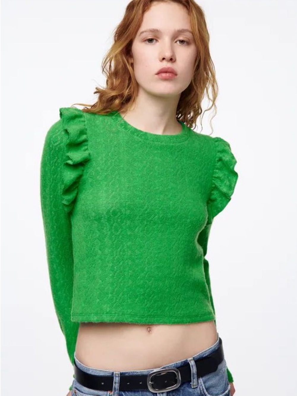Zara 💚💚💚 Ruffle-Sleeve Soft Top Size Large - NWT